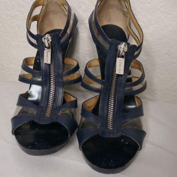 Michael Kors Navy Blue T Strap Sandal Heel Strappy Leather PVC 7M - Picture 11 of 12